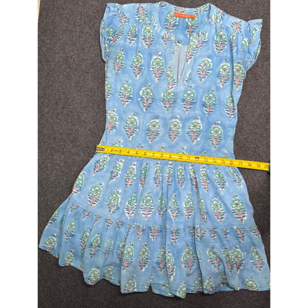 Oliphant Roll Sleeve Blue Floral Print Cotton Tiered Dress Womens XS Boho Chic - Picture 7 of 7